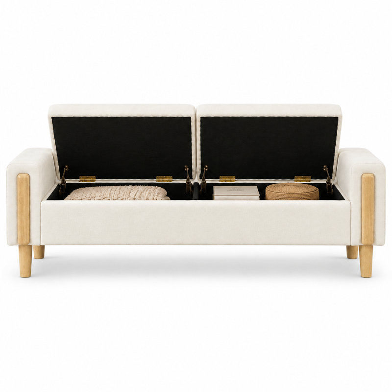 Banc de rangement moderne à double couvercle, capitonné, avec compartiment caché spacieux et accoudoirs, idéal pour l'entrée de chambre et le salon.