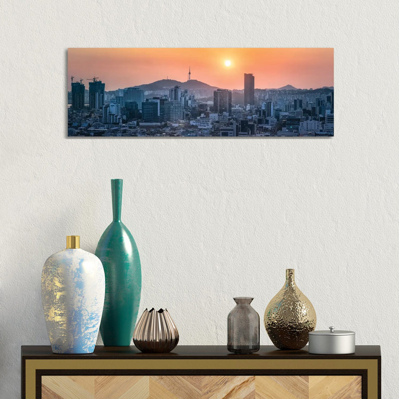 Seoul Skyline Panorama At Sunset With View Of Namsan Mountain And N Seoul Tower by Jan Becke - Wrapped Canvas Panoramic Print
