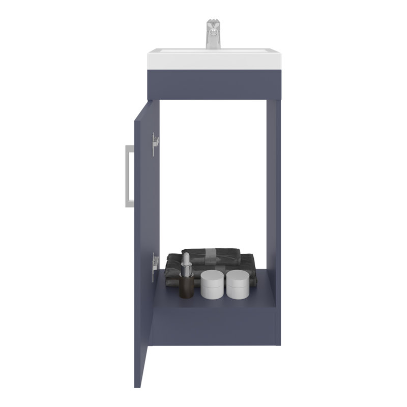Meuble-lavabo moderne avec lavabo en résine, solution de rangement pour l'organisation, finition blanc bleu, bois d'ingénierie, largeur de 15,7 po, hauteur de 34,6 po, conception compacte au sol de 13 po, profondeur de 12,93 po,