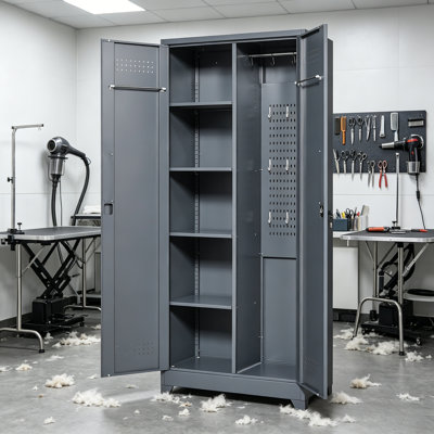 Large-Capacity Gray-White Metal Storage Cabinet, Suitable For Storing Brooms And Other Tools, With Lockable Adjustable Shelves, Suitable For Various Uses.