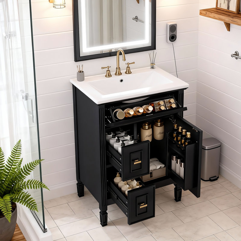 Meuble-lavabo autoportant de 24 pouces en bois massif et armoire en MDF avec tiroir rabattable, 2 tiroirs standards, Noir