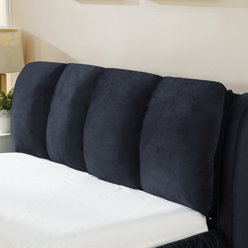 Structure de lit tapissier pour grand lit, style minimaliste moderne avec tête de lit éponge compressée dodue, velours brillant et repose-pieds robuste, matelas non inclus - noir
