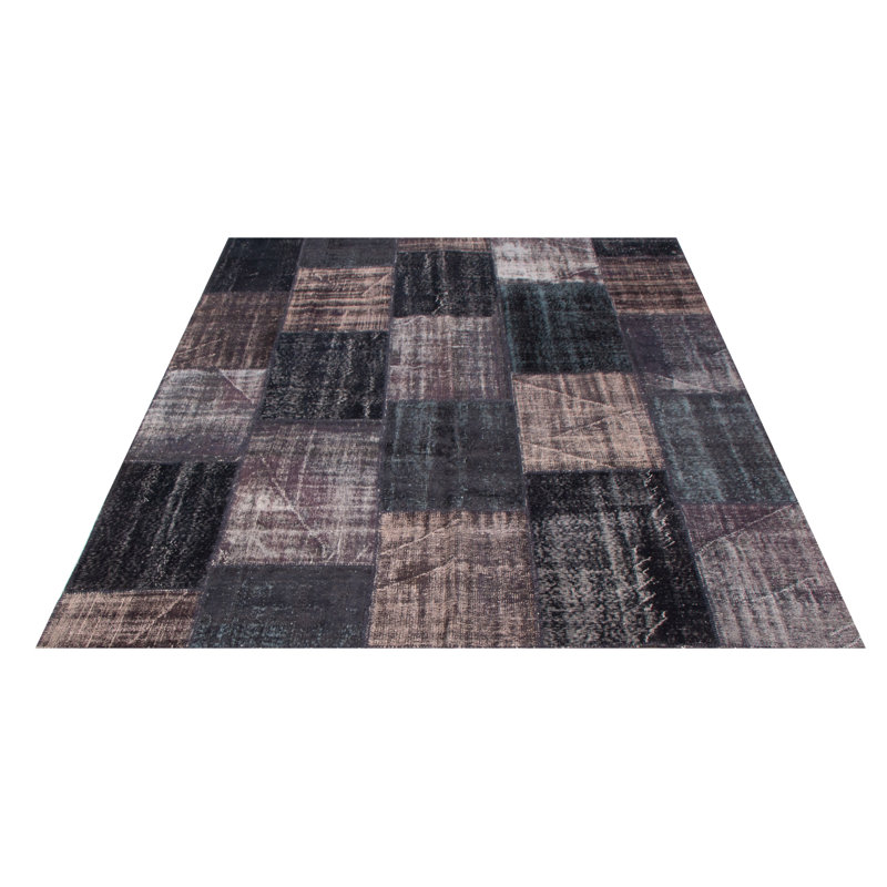 Tapis noir en laine noué à la main de conception unique 8 pi 3 po x 10 pi New Age Kapteyn
