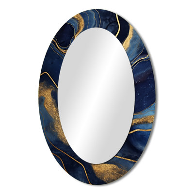 Blue And Gold Abstract Marble Mirage II - Blue Oval Wall Mirror Decor
