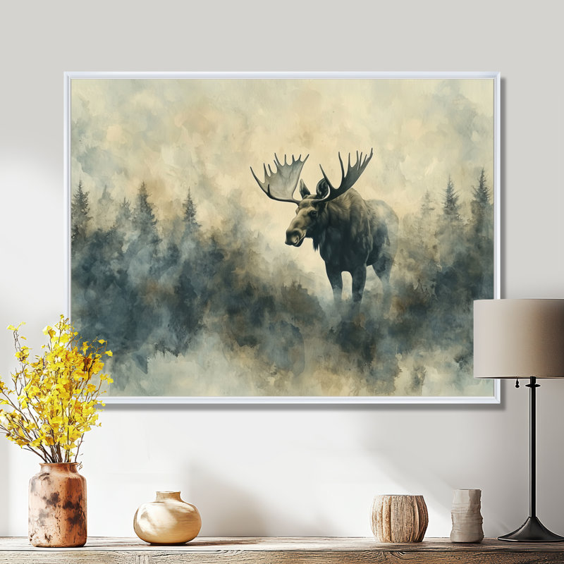 Gratianna Moose In The Mist Of Canada I - Moose, art mural, H 12 po x l 20 po, Reproduction avec cadre flottant, Blanc