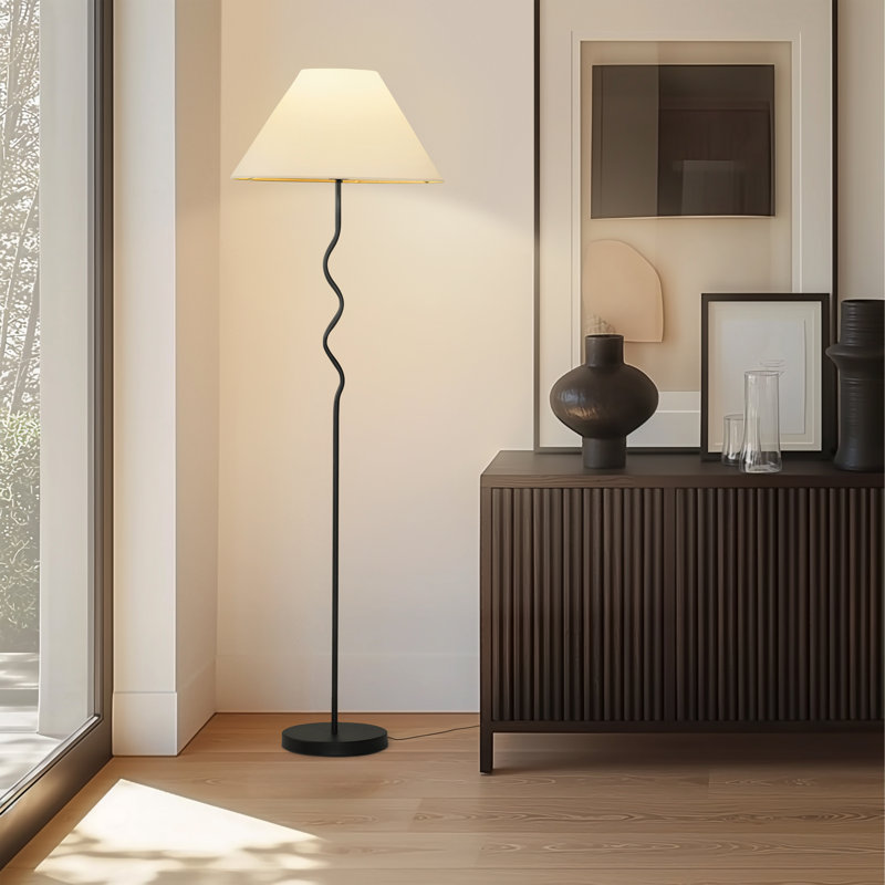 Squiggle 62" Modern LED Floor Lamp with Wavy Black Metal Base and Ivory Empire Shade, Bulb Included, Black