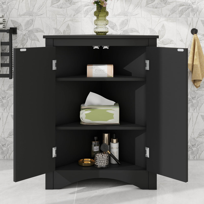 Triangle Corner Cabinet Featuring Adjustable Shelves And Stylish Doors, Black