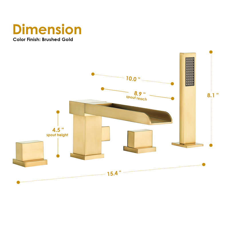 2 Handle Deck Waterfall Faucet with Diverter, Brushed Gold