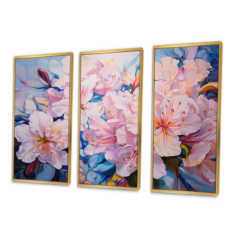 Ensemble de salon art mural rhododendron rose, Cadre flottant doré, H 40 po x l 60 po x P 1 po