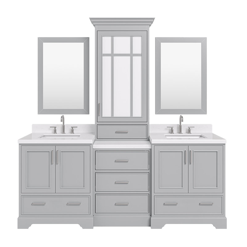 84.25'' Double Bathroom Vanity with Carrara Quartz Top, Gray