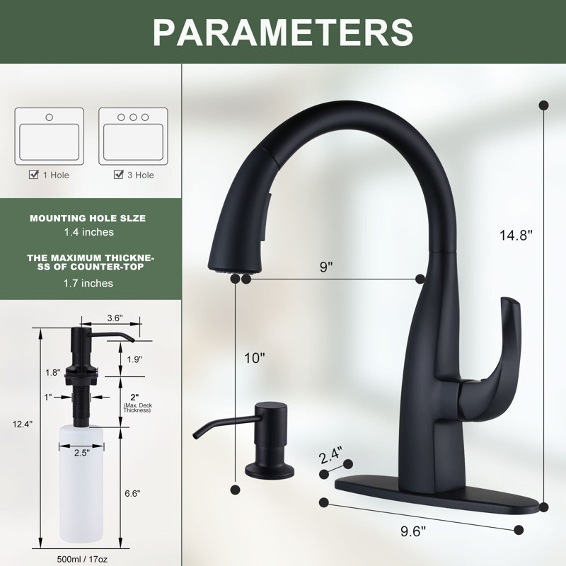 WOWOW Kitchen Faucet with Soap Dispenser, Black