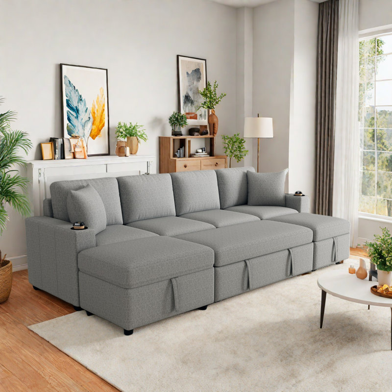 Convertible Sectional Sofa With A Movable Storage Ottoman, Grey