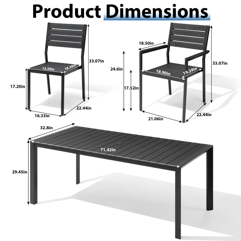 Ensemble repas pour 6 personnes en aluminium avec fauteuils empilables et chaises sans accoudoirs, Noir