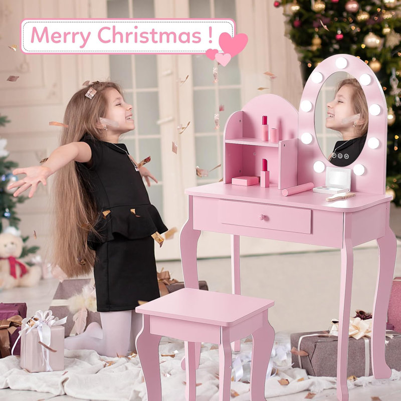 Vanity With Light, Girls Vanity Set With Mirror, Stool Drawer And Pretend Makeup Playset, Pink