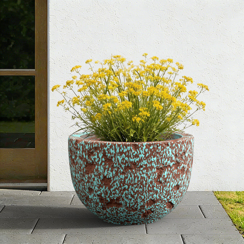 Grand pot à fleurs rond en béton 17 po sarcelle (intérieur amélioré) avec trous de drainage, Sarcelle