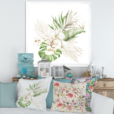 «Tropical Bouquet with Flowers And Golden Leaves I», reproduction d'art sur toile tropicale