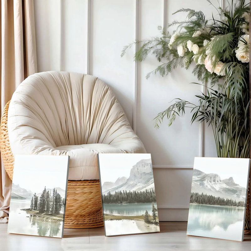 3 pièces d'art mural encadrées, ensemble d'art mural sur toile Tranquil Mountain Lake, peinture de paysage avec pin