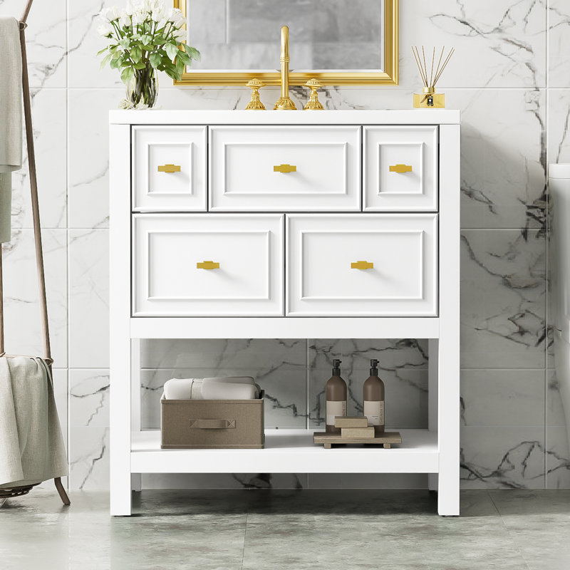 Armoire de meuble-lavabo autoportante 30 po avec lavabo en céramique, 5 tiroirs et une tablette ouverte, Blanc