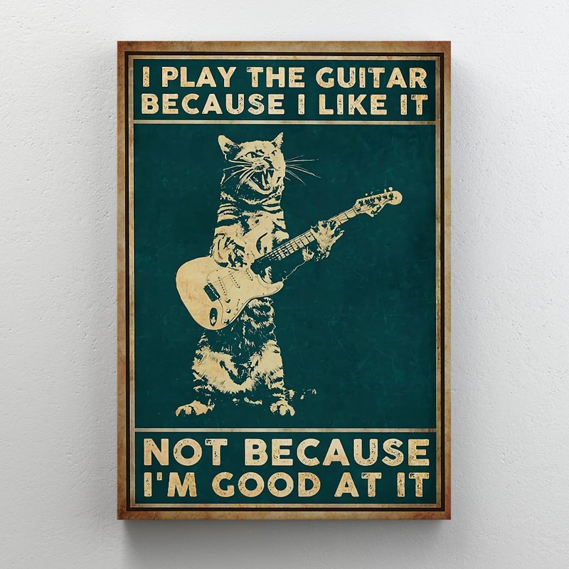 Chat jouant de la guitare - Toile tendue, art textuel, H 36 po x l 24 po x P 2 po