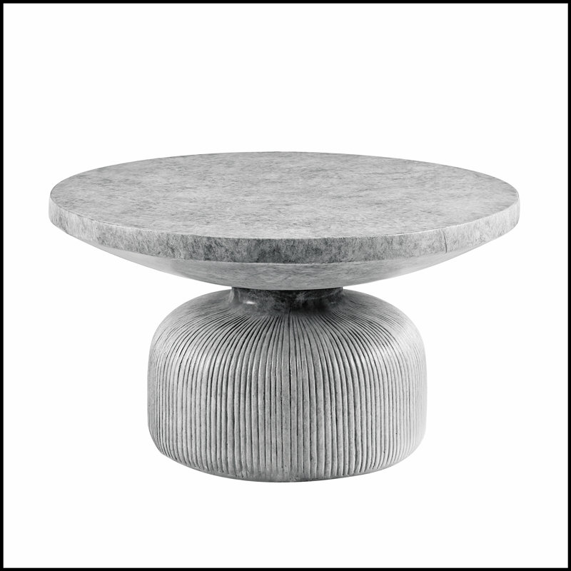 Table basse ronde Laddie avec finition grise patinée, peu encombrante et design élégant pour les maisons modernes