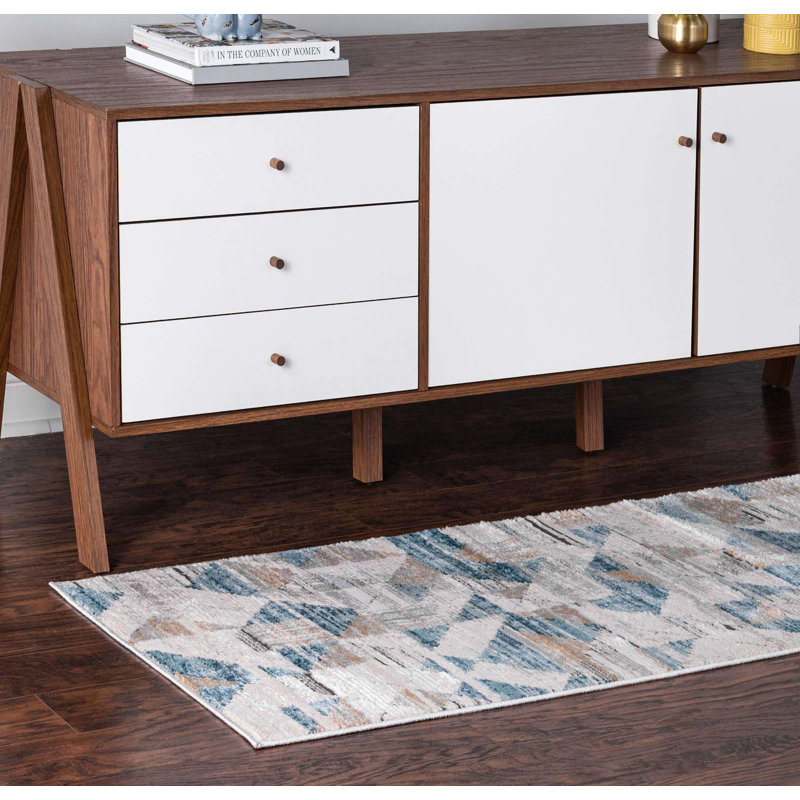  Tapis géométrique beige / bleu, Tapis de couloir 2 pi 7 po x 10 pi