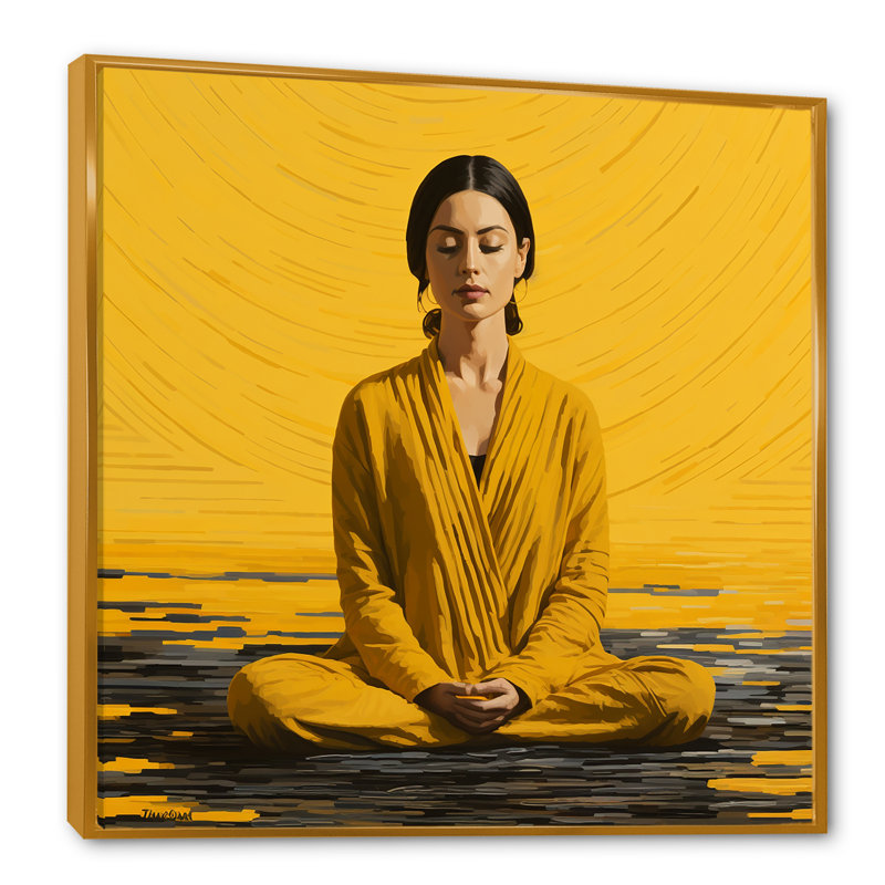 Art méditation jaune et gris - méditation, H 30 po x l 30 po x P 1,5 po, Cadre flottant doré