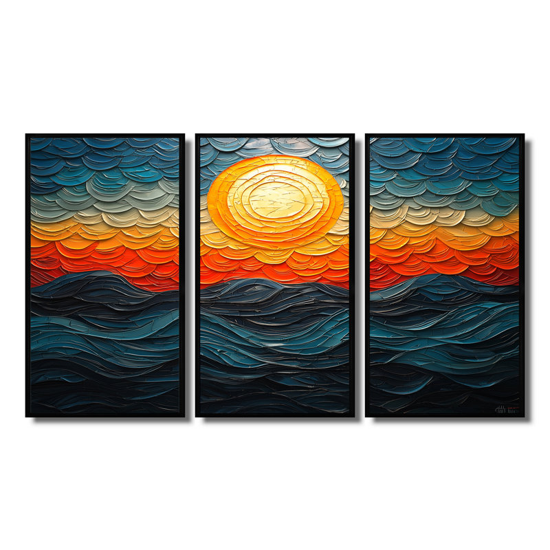 Sunrise - ensemble de décorations murales Op Art, H 28 po x l 36 po x P 1 po, Toile avec cadre flottant noir