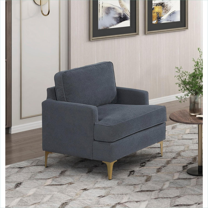 Fauteuil d'appoint moderne en chenille aux tons gris avec pieds en métal doré brossé et structure en contreplaqué robuste pour le salon