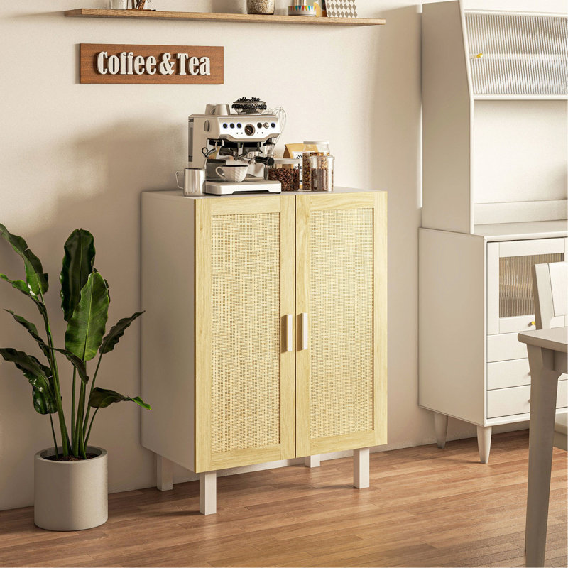 White And Natural Kitchen Cabinet With Doors Adjustable Shelves, Multipurpose For Home Storage Sideboard Buffet Functional Door Design - Function