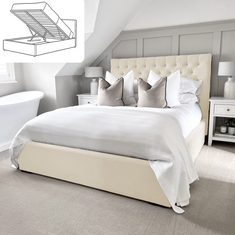 Bangura Chesterfield Ottoman Storage Bed - Velvet Upholstered Gas Lift Bed Frame with Footboard, Super King (6'), Cream