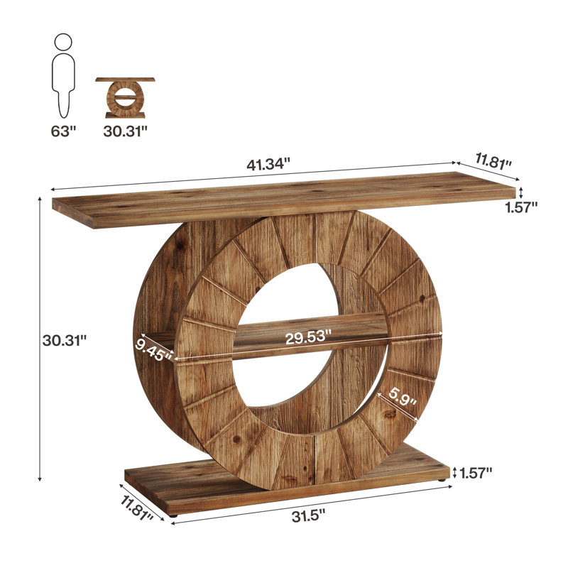41" Solid Wood Console Table with Storage, 3-Tier Farmhouse Sofa Table with Carved Round Base