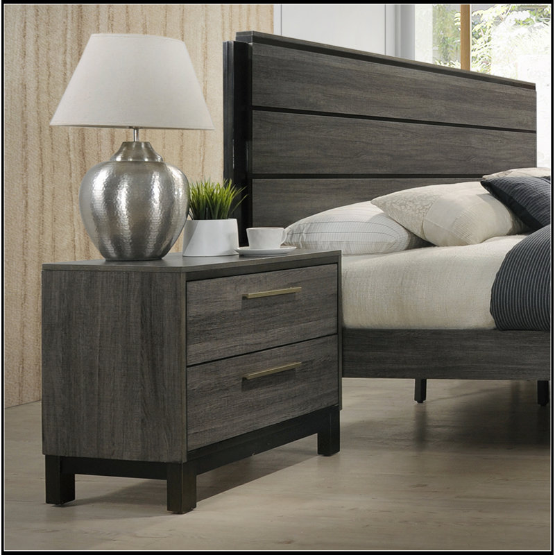 Wood 2-Drawers Nightstand (Nightstand Only), Antique Grey Finish