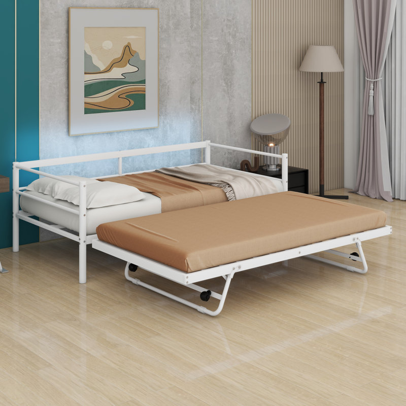 Lit de jour simple avec couchette escamotable, structure de lit de jour en métal avec lumières DEL, Blanc