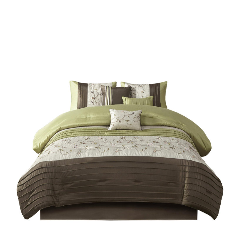 Ensemble d'édredon en polyester brodé 7 pièces, Édredon de très grande taille et 6 pièces suppl, Vert