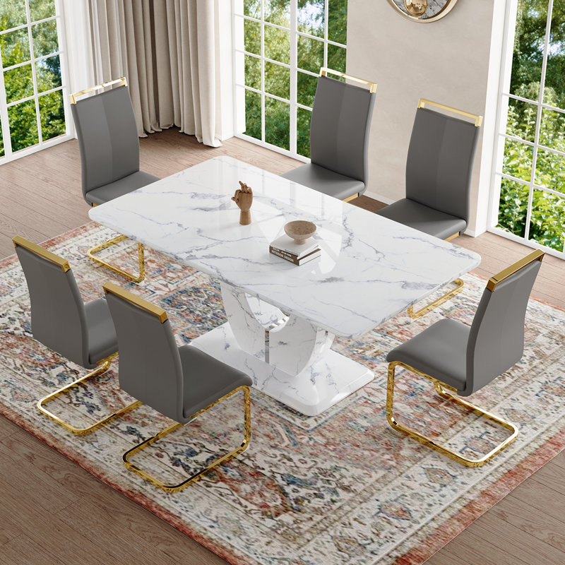 Ensemble de table de salle à manger, Gris/doré, Marbre blanc, 7 pièces