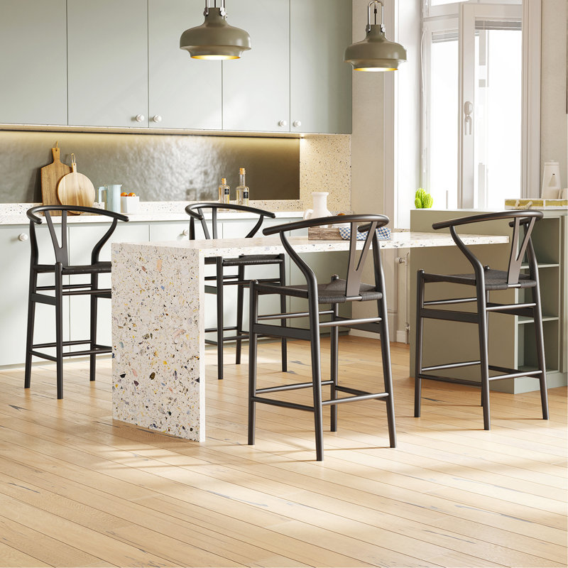 Wishbone Barstool,Weave Counter Height Bar Stools, Fully Assembled Rattan Bar Chairs For Kitchen Island,1Pc, Black