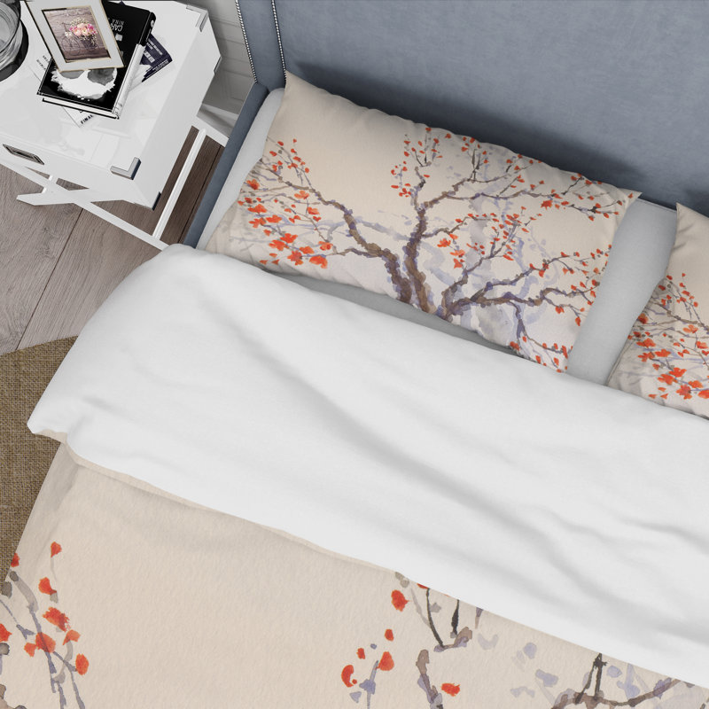 Ensemble de housse de couette fleurs rouges et bourgeons rouges sur le printemps