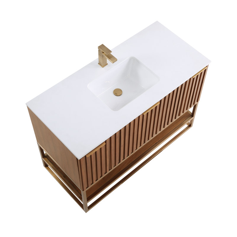 Terra 48'' W Single Vanity, White Quartz/Single Faucet Mount, Walnut, Satin Brass