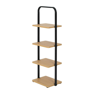 Échelle à chaussures en bois à 4 niveaux, structure noire avec tablettes en bois de miel clair, peut contenir jusqu'à 4 paires, idéale pour le vestibule ou le coin de la chambre à coucher
