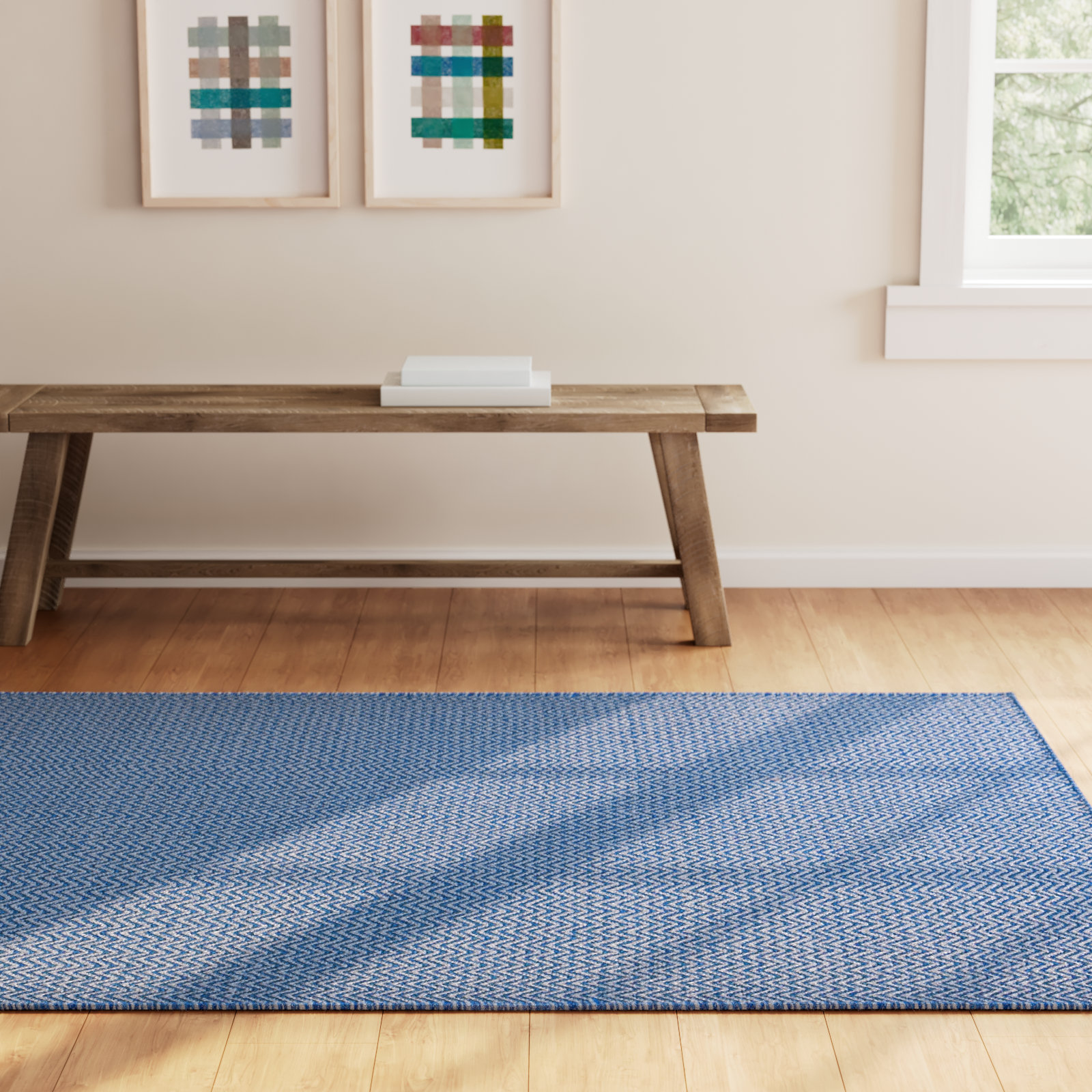 Rita Blue White Hand-Woven Wool Rug, Rectangle 5' x 8'
