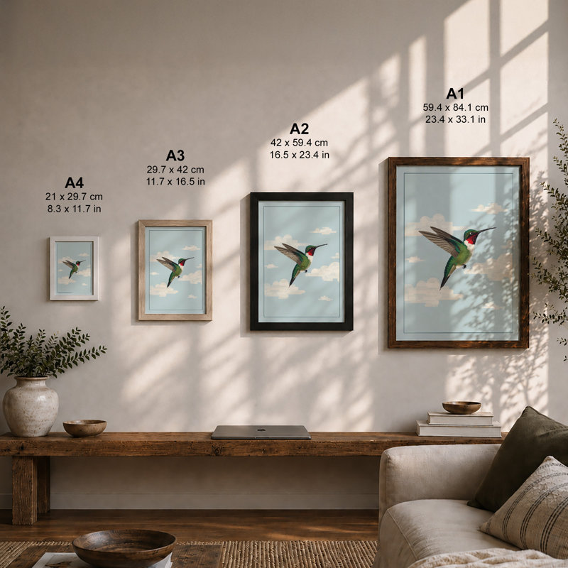 Hummingbird in Flight Modern - Framed Print, Black, A4 - 29.7 x 21.0 cm