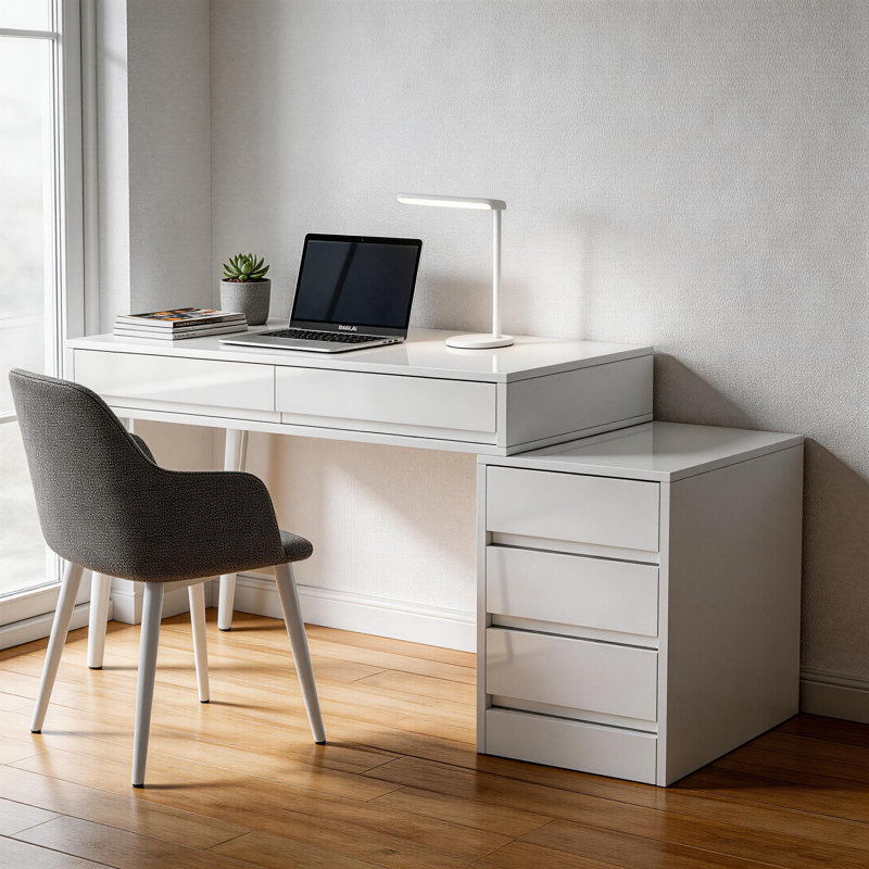 Bureau 39,37 po blanc brillant moderne avec 5 tiroirs et support d'imprimante, ordinateur de bureau réversible et coiffeuse pour petits espaces