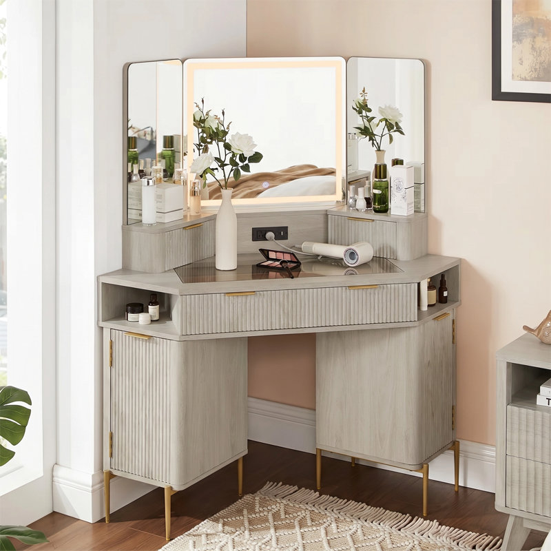 Meuble-lavabo de coin 48 po avec miroir à 3 DEL, Aulne blanc