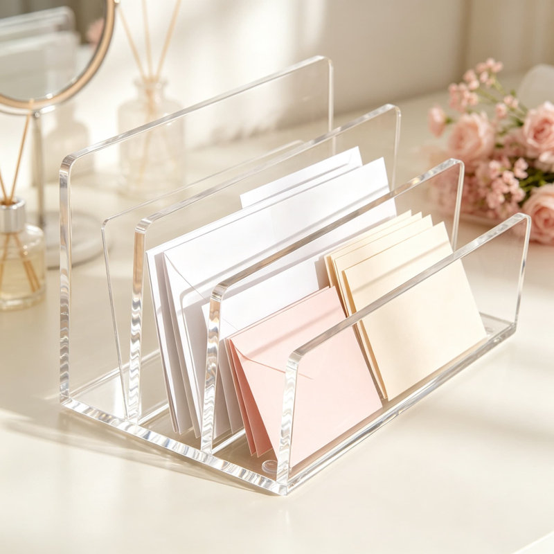 Organisateur de courrier en acrylique transparent avec trois compartiments pour le bureau, les lettres, les factures, les dossiers et les documents, conception cristalline avec base antidérapante, aucun assemblage requis