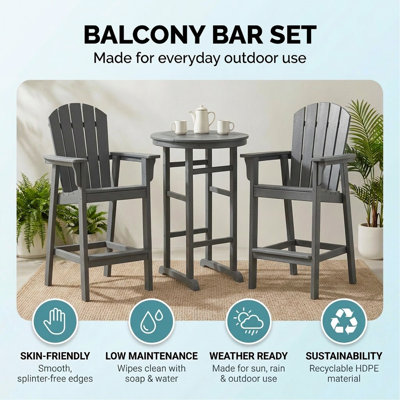 Ensemble bistro 3 pièces intérieur / extérieur en PEHD noir 3 pièces, table de pub ronde de 31,1 po avec 2 tabourets de bar, mobilier de patio toutes saisons pour balcon, terrasse, bord de piscine et bord de mer