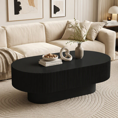 Table basse ovale de ferme l 48,4 po avec plateau de table épais de 10,7 po de hauteur, table de bout tambour moderne de style crème, table de centre cannelée minimaliste avec base robuste pour le salon, facile à assembler, noir