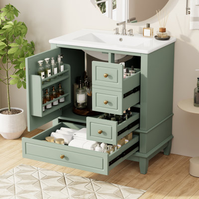 Meuble-lavabo de salle de bain avec lavabo, une porte avec tablette et trois tiroirs, porte à fermeture en douceur, idéale pour le rangement organisé et une installation facile