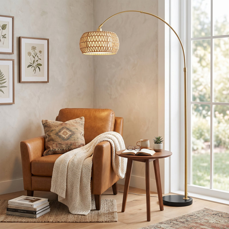 Lampes sur pied dorées pour le salon, lampe sur pied à arc avec télécommande et ampoule à intensité variable, lampe sur pied en rotin Boho avec 3 températures de couleur, lampe haute réglable en hauteur pour la chambre à coucher, lampe de lecture sur canapé