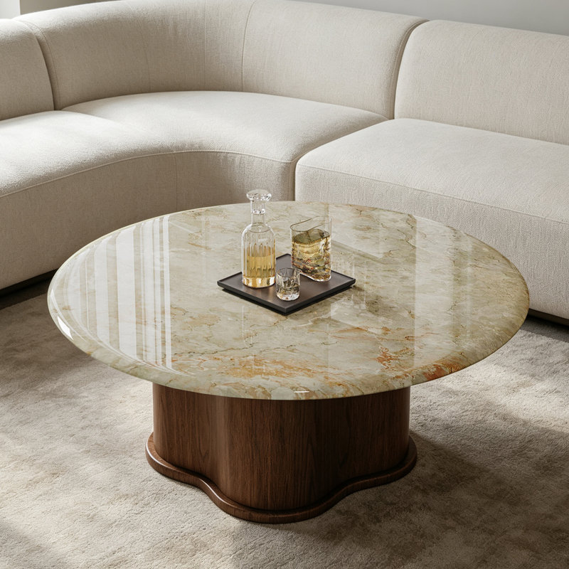 Table basse ronde en marbre de style médiéval, 15.7" H x 31.5" W x 31.5" D, Green