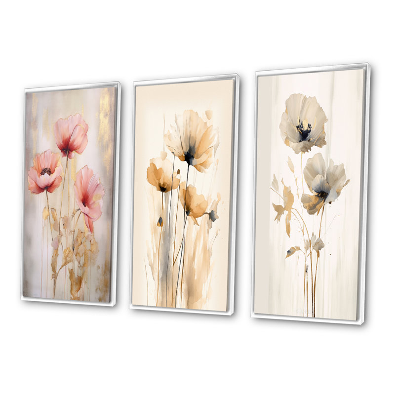 «Coral Vibrant Poppies», 3 pièces, Cadre flottant blanc, H 20 po x l 36 po